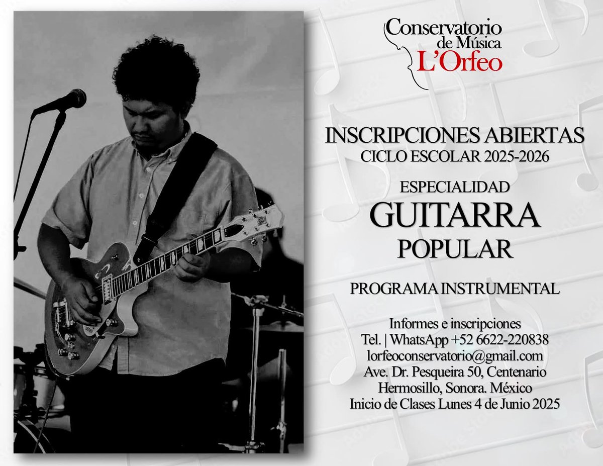 LOrfeoCSM's tweet photo. ¿Quieres aprender o desarrollar tus habilidades en la Guitarra con estilos como el Pop, Rock, Jazz y Balada entre otros? ¡Ven al Conservatorio de Música L'Orfeo!
Inscripciones abiertas de primer ingreso al Ciclo Escolar 2025-2026 en el Programa Instrumental. https://t.co/uhDcehivW2