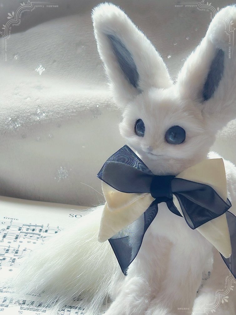 『ジーク（G-clef）』
Meluféeシリーズのト音記号の子です。
首もとの白いリボンのほうには、よく見るとうっすら楽譜の模様があしらわれています。
中には小さな鈴が入っていて、揺れるたびにやさしい音が鳴ります。

#アートドール