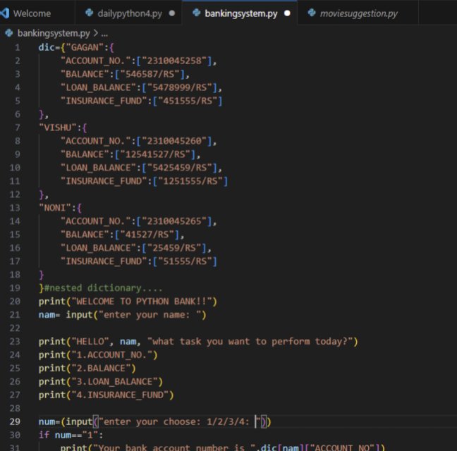 GaganCommits's tweet photo. "Day 4 of Python 🚀
Tried my hands on if-elif-else and nested dictionaries to build a basic bank query system 🏦

Now my code knows your name… and your balance 👀💰"

#PyByGagan #PythonProjects #30DaysOfCode #CodeEveryday #BeginnerToPro https://t.co/GWjqiiNPbC