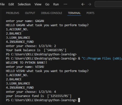 GaganCommits's tweet photo. "Day 4 of Python 🚀
Tried my hands on if-elif-else and nested dictionaries to build a basic bank query system 🏦

Now my code knows your name… and your balance 👀💰"

#PyByGagan #PythonProjects #30DaysOfCode #CodeEveryday #BeginnerToPro https://t.co/GWjqiiNPbC