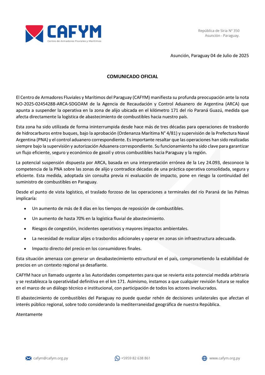 Cafym_py's tweet image. Comunicado oficial sobre la suspensión del transbordo de combustible en el KM 171 del rio Paraná Guazu.