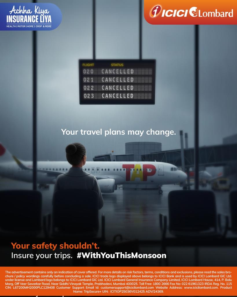 Plans may get cancelled. Delays may happen.
But your safety? That should never be uncertain.
This monsoon, don’t just plan your trip — protect it.

With ICICI Lombard Travel Insurance, stay covered for unexpected cancellations, emergencies and more.
Because your peace of mind