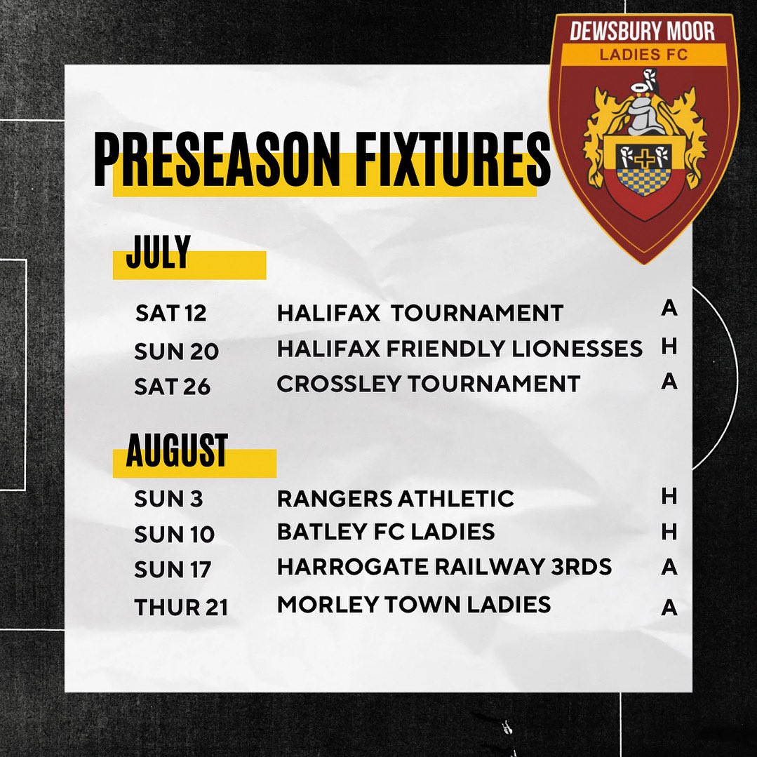 Our Ladies team preseason fixtures for the 2025/26 season are confirmed and will begin on the 12th July.

Come along and support the ladies ⚽️
