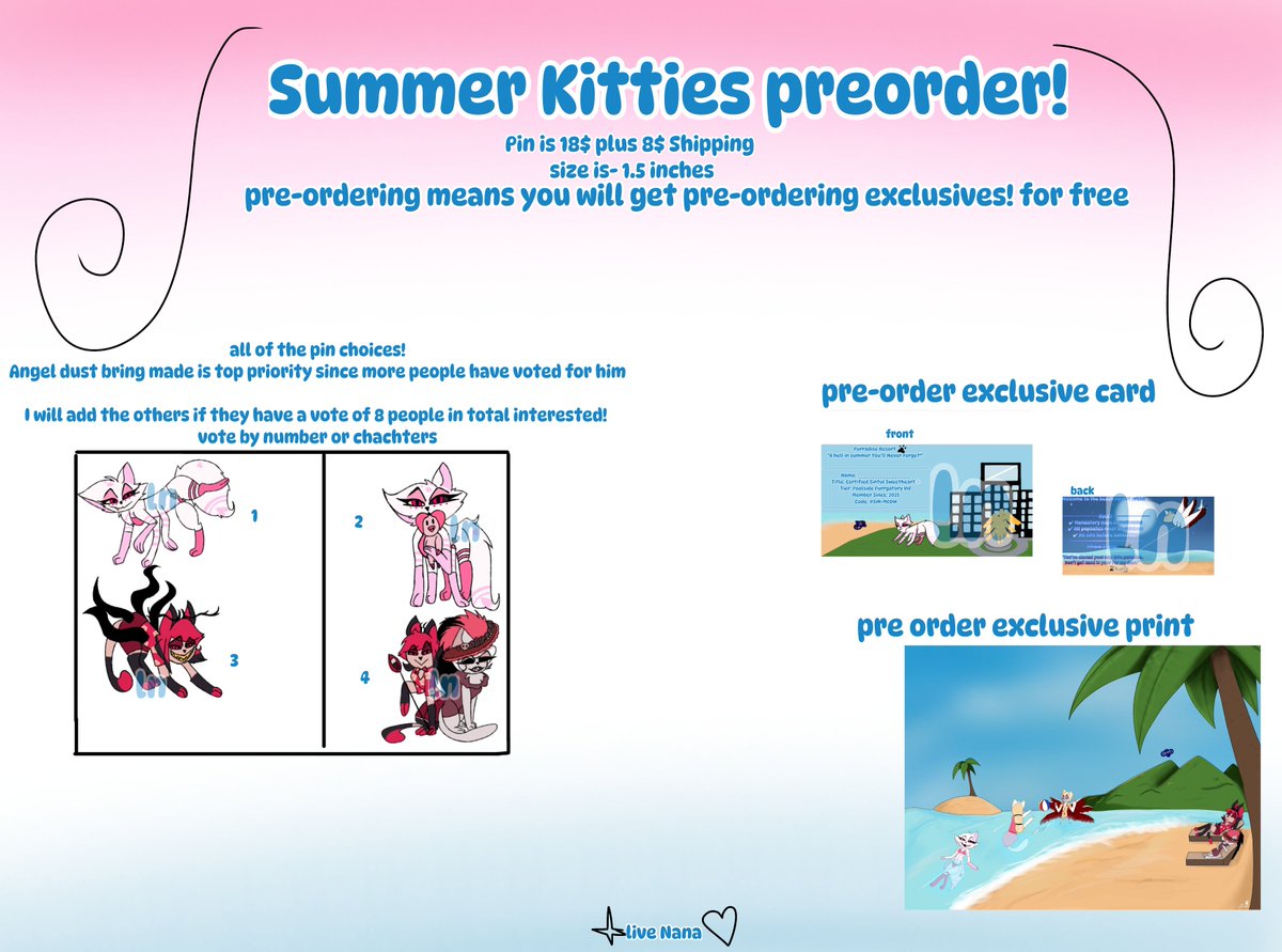 Intrest check for kitty pins!
There will be 25 pre-orders open and 25 inhands if everything goes right!

This has all the information if you have any questions don't hesitate to ask #HazbinHotel #angeldust #angeldusthazbinhotel #HazbinHotelAlastor #kitty #cute