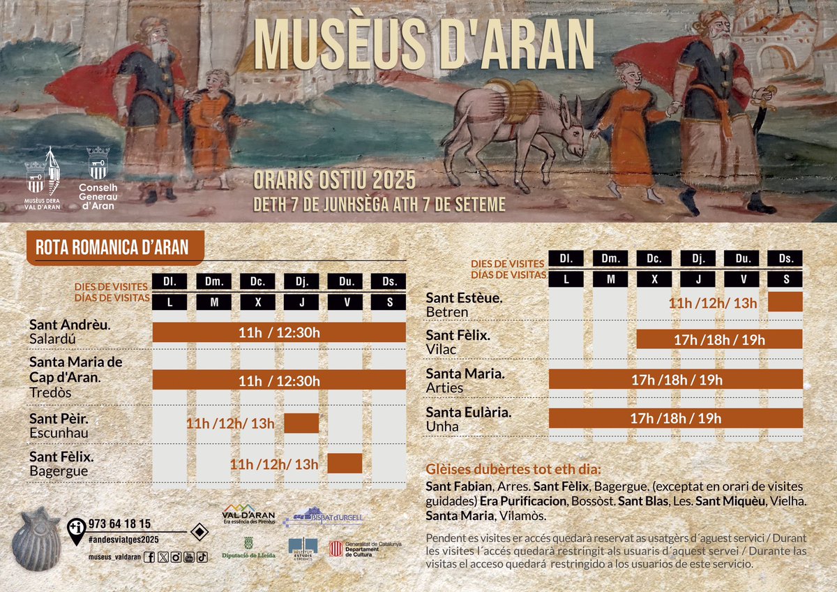Museus_ValAran's tweet photo. 🗣️ Arribe er ostiu e, damb eth, es visites guidades!

📍Poderatz conéisher dera man des guides era Rota Romanica, era Mina Victòria, es mòles d’Unha e Salardú e era Fabrica dera Lan de Vielha.

🗓️ Deth 7 de junhsèga ath 7 de seteme de 2025

☎️ Mès informacion: 973 64 18 15 https://t.co/TfMqUc6bcy