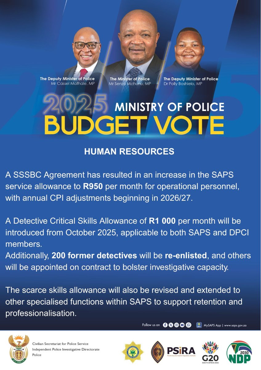 #PoliceMinistry [BUDGET VOTE 2025/2026] A set of Human Resources measures have been put in place aimed at restoring morale, discipline and professionalism within the ranks. These include improved recruitment processes, leadership development, and career pathing. 

Personnel