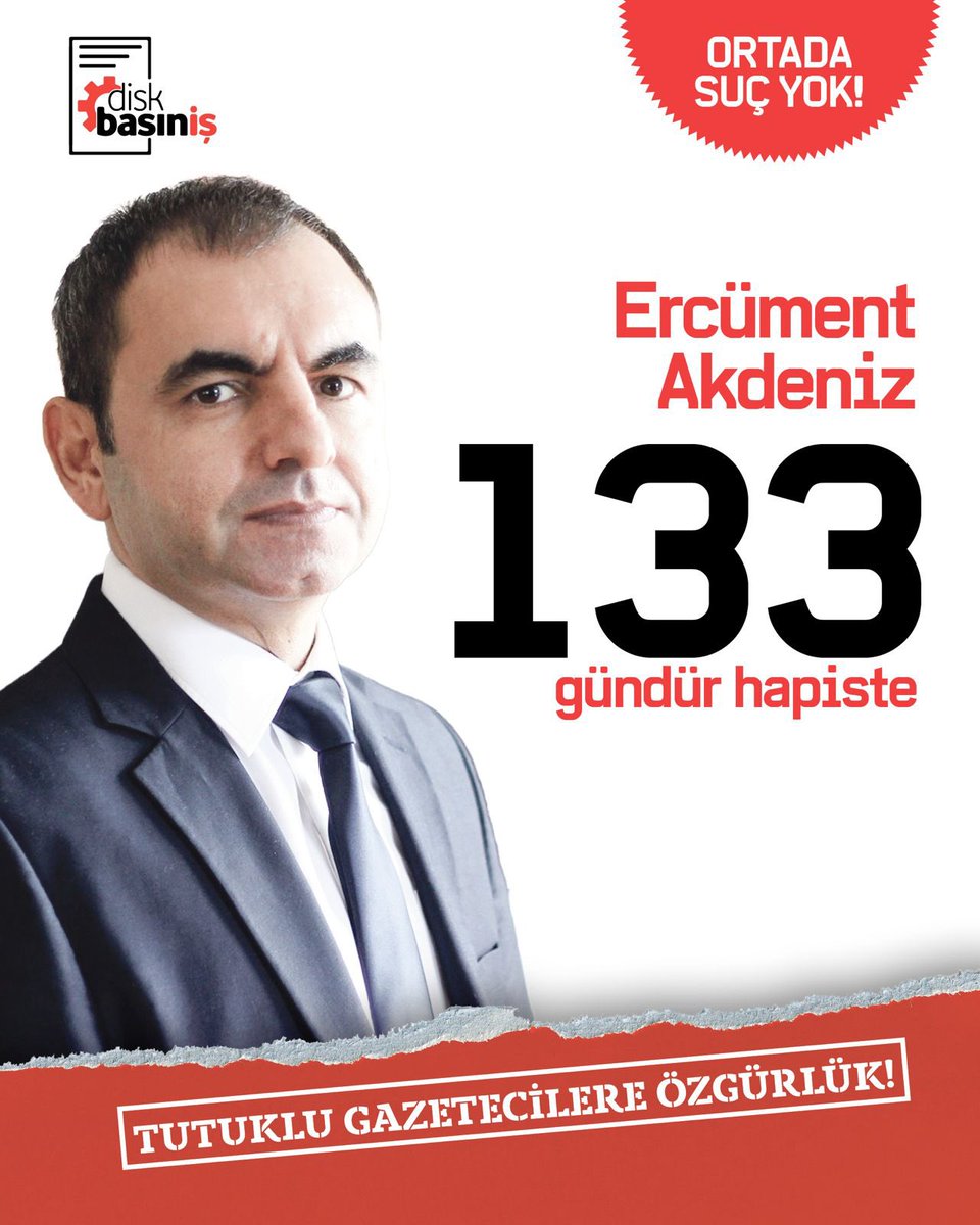 DİSK Basın-İş (@diskbasinis) on Twitter photo Üyemiz Ercüment Akdeniz barış, emek ve demokrasi mücadelesine verdiği katkılar nedeniyle 1️⃣3️⃣3️⃣ gündür hapiste!
<a href="/ErcmentAkdeniz/">Ercüment Akdeniz</a>
#TutukluGazetecilereÖzgürlük Üyemiz Ercüment Akdeniz barış, emek ve demokrasi mücadelesine verdiği katkılar nedeniyle 1️⃣3️⃣3️⃣ gündür hapiste!
<a href="/ErcmentAkdeniz/">Ercüment Akdeniz</a>
#TutukluGazetecilereÖzgürlük
