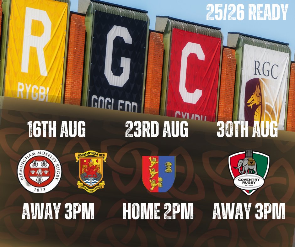 RGCnews🏉 (@rgcnews) on Twitter photo Pre-season locked in as we go cross-border
16th August Away at RFU National 1 side Birmingham Moseley playing Birmingham Moseley and Carmarthen Quins. 3pm
23rd August Home to RFU National 2 side Chester. 2pm
30th August Away to RFU Championship side Coventry RFC. 3pm Pre-season locked in as we go cross-border
16th August Away at RFU National 1 side Birmingham Moseley playing Birmingham Moseley and Carmarthen Quins. 3pm
23rd August Home to RFU National 2 side Chester. 2pm
30th August Away to RFU Championship side Coventry RFC. 3pm