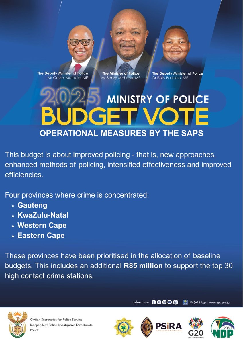 #PoliceMinistry [BUDGET VOTE 2025/2026] This budget is about improved policing - that is, new approaches, enhanced methods of policing, intensified effectiveness and improved efficiencies. 

There are four provinces where crime is concentrated, these are: Gauteng, KZN, Western