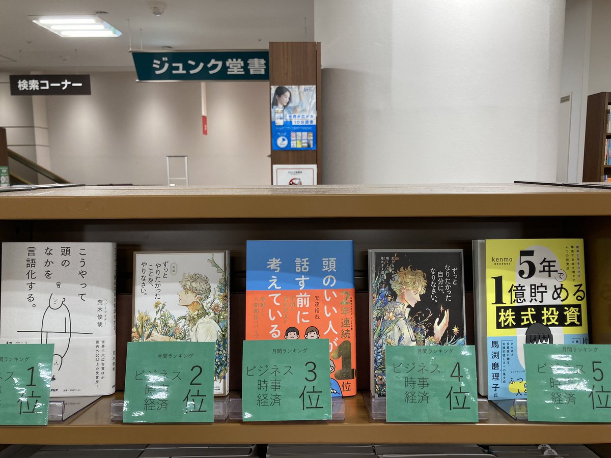 【ジュンク堂書店高松店6月社会書ランキング】
（1位）『こうやって頭のなかを言語化する』
（2位）『ずっとやりたかったことを、やりなさい』
（3位）『頭のいい人が話す前に考えていること』
（4位）『ずっとなりたかった自分に、なりなさい』
（5位）『5年で1億貯める株式投資』
