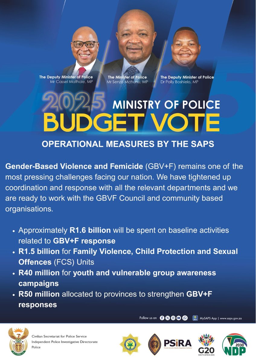 #PoliceMinistry [BUDGET VOTE 2025/2026] Gender-Based Violence and Femicide (GBV+F) remains one of the most pressing challenges facing our nation. We have tightened up coordination and response with all the relevant departments and we are ready to work with the #GBVF Council and