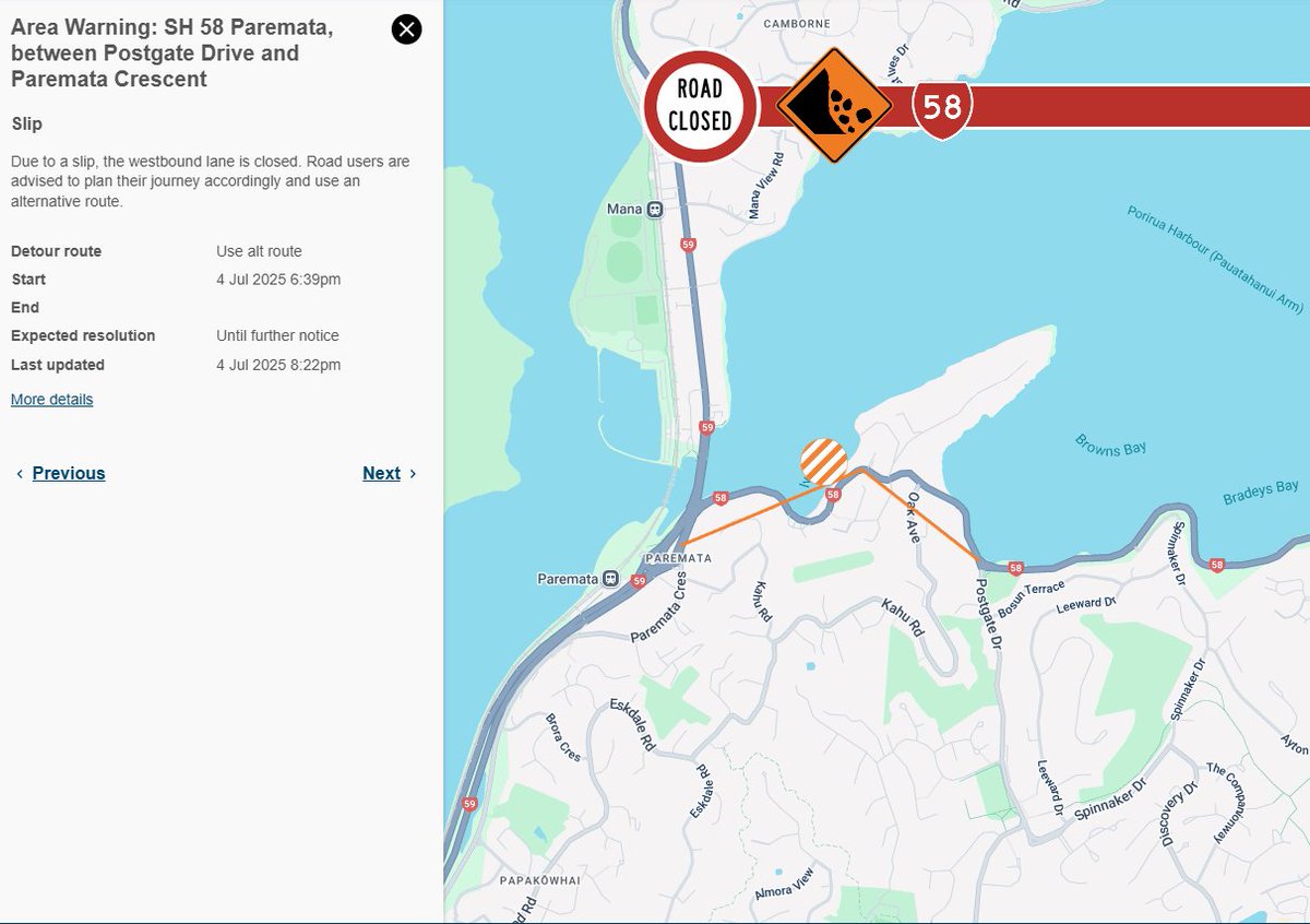 SH58 PAREMATA, WESTBOUND - SLIP - 8:25PM, FRI 4 JUL 

State Highway 58 is now CLOSED to westbound traffic, between Postgate Dr and Paremata Cres, due to a slip. Expect delays and consider an alternative route. ^CS