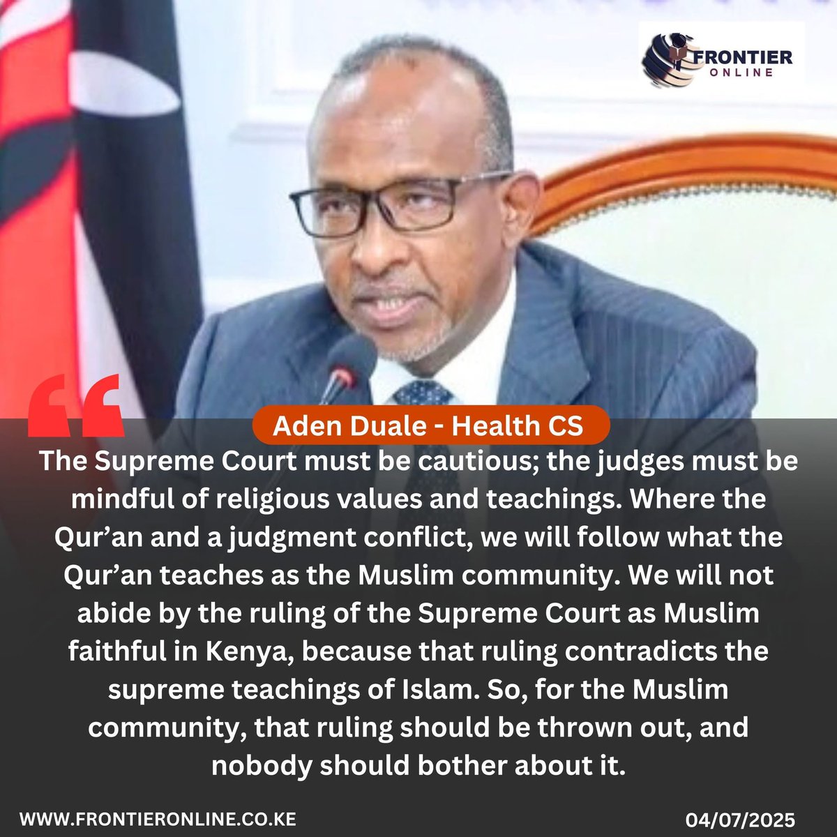 Frontier Online (@frontieronlinek) on Twitter photo Health CS <a href="/HonAdenDuale/">Hon. Aden Duale, EGH</a> has urged the Supreme Court to exercise caution and respect religious values when issuing rulings, particularly those that conflict with Islamic teachings.
Speaking in Lamu on Thursday, Duale stated that the Muslim faithful in Kenya will follow the Health CS <a href="/HonAdenDuale/">Hon. Aden Duale, EGH</a> has urged the Supreme Court to exercise caution and respect religious values when issuing rulings, particularly those that conflict with Islamic teachings.
Speaking in Lamu on Thursday, Duale stated that the Muslim faithful in Kenya will follow the