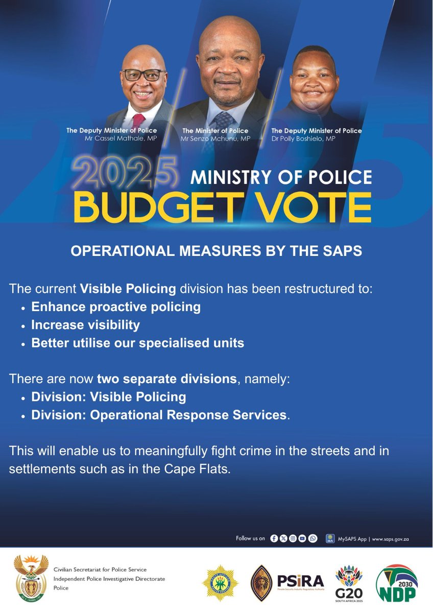 #PoliceMinistry [BUDGET VOTE 2025/2026] The current Visible Policing division has been restructured to enhance proactive policing, increase visibility, and better utilise our specialised units. #PoliceVisibility #FightingCrime #BudgetVote2025 #SAPS #SafetyFirst 🇿🇦 ME