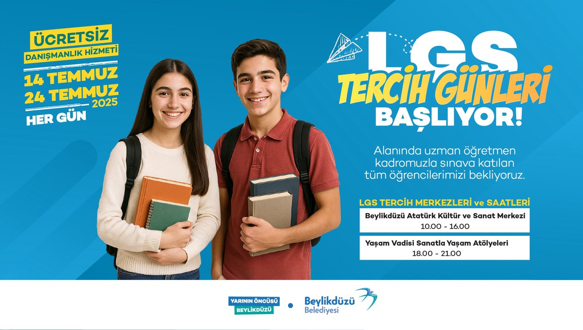 LGS tercih günleri başlıyor 📝

Alanında uzman eğitmen kadrolarıyla, 14-24 Temmuz tarihleri arasında ücretsiz olarak gerçekleştireceğimiz LGS Tercih Günleri'ne tüm öğrencilerimizi bekliyoruz. 

Tercih Merkezleri: 

📍Beylikdüzü Atatürk Kültür ve Sanat Merkezi / 10.00 - 16.00