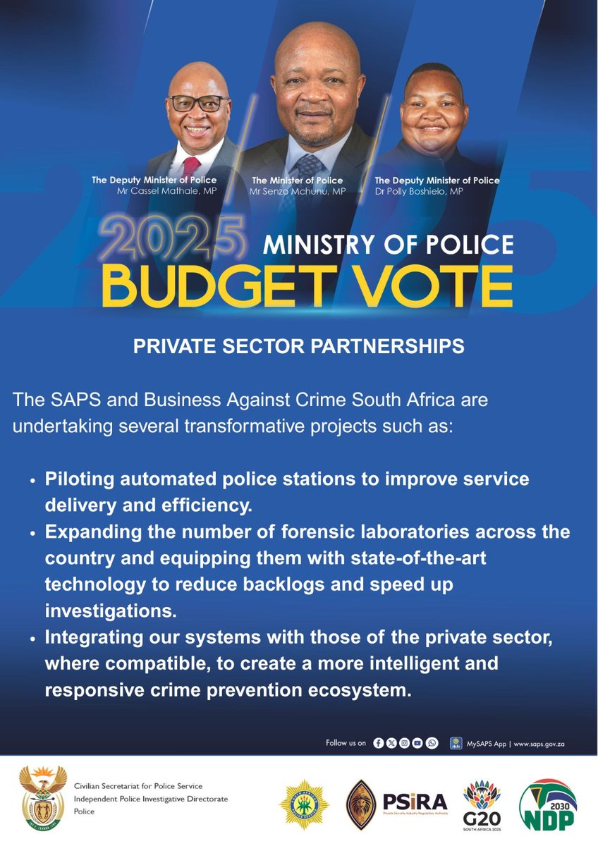 #PoliceMinistry [BUDGET VOTE 2025/2026] Strategic partnerships remain a cornerstone of the #SAPS’ transformation agenda. To this end, we have actively sought innovative partnerships, notably with Business Against Crime South Africa. #PartnershipPolicing #BudgetVote2025 #SAPS