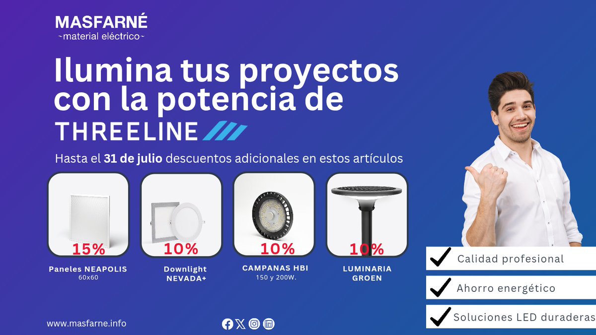 Masfarne's tweet image. ¿Buscas calidad y estilo en iluminación? 🌟
👉 ¡Aprovecha descuentos especiales por tiempo limitado! 🛍️💥

📦 Llevate lo mejor en iluminación LED, diseño moderno y eficiencia energética ✅
🔥 ¡Consulta con nuestro equipo comercial!

#Threeline #Descuento #IluminaciónLED