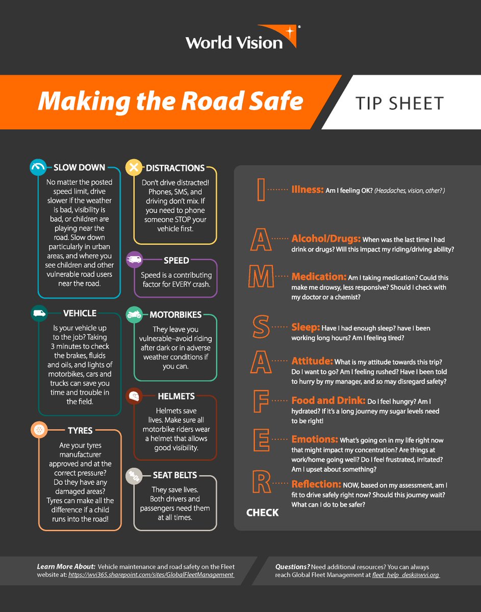 World Vision East Africa (@worldvisionearo) on Twitter photo Before you drive, have you checked in with yourself?
At <a href="/WorldVision/">World Vision</a>, weâre committed to road safety for all. Whether heading to the field, office, or home. Our "Making the Road Safe" tip sheet is here to remind you: slow down, breathe, and run through the I AM SAFER checklist: Before you drive, have you checked in with yourself?
At <a href="/WorldVision/">World Vision</a>, weâre committed to road safety for all. Whether heading to the field, office, or home. Our "Making the Road Safe" tip sheet is here to remind you: slow down, breathe, and run through the I AM SAFER checklist: