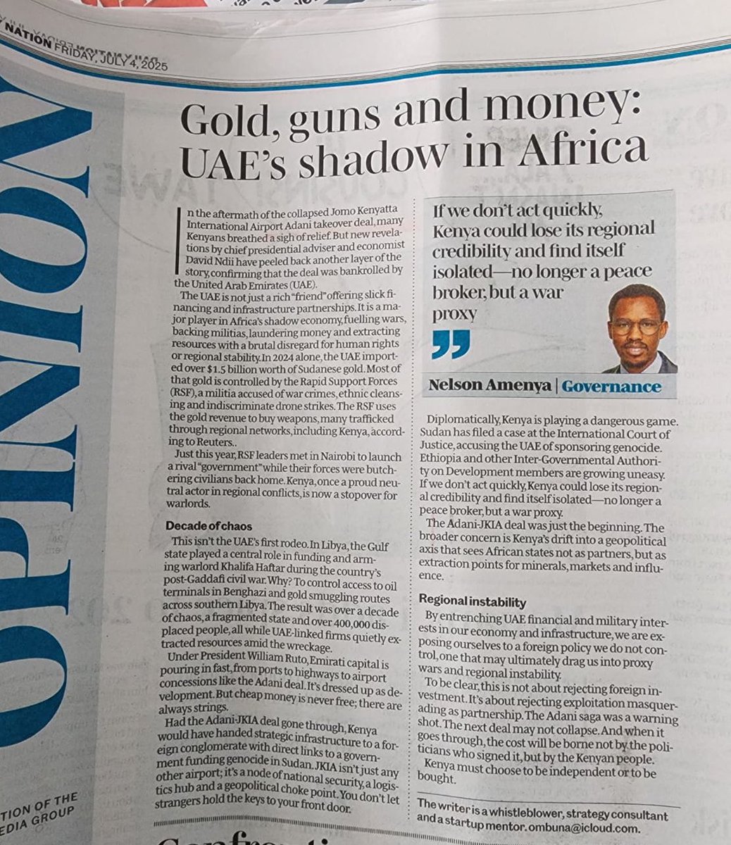 Gold, guns and money: UAE’s shadow in Africa 

Recently the Chairman of President Ruto’s Council of Economic Advisors revealed what we suspected for a long time that it was the UAE that bankrolled Adani in their airport deal with the Kenyan government. Why are the Emiratis so