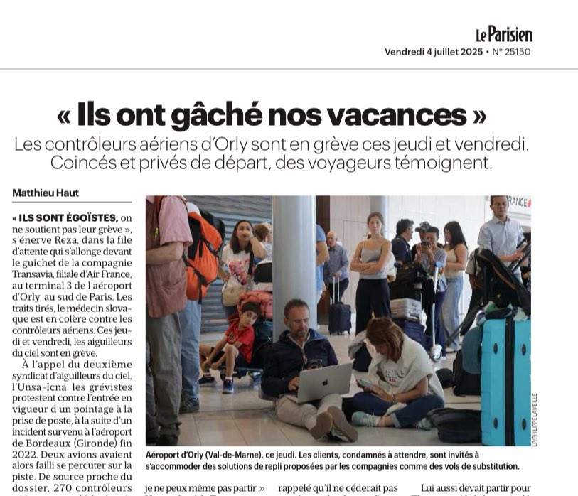 SylvainDelourme's tweet photo. Des milliers de vacanciers ciblés par les contrôleurs aériens pour une histoire de pointeuse à leur prise de poste. 
Honteux et triste. Le chacun pour soi dans toute sa splendeur. 
Soutien aux voyageurs. #controleursaeriens #grevecontroleurs https://t.co/GyXUsn2wsh