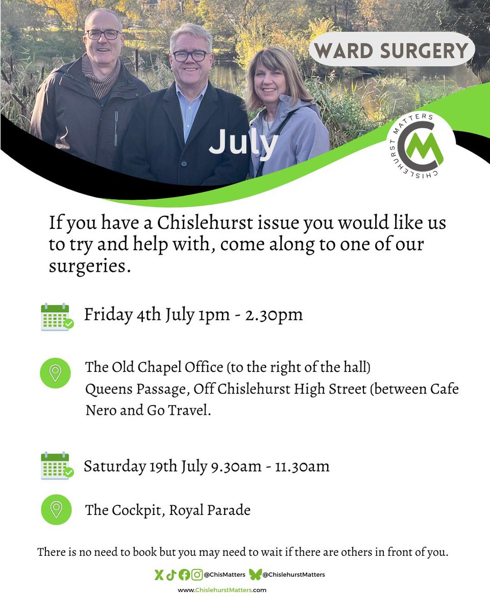 Ward surgery today,  Friday, 1-2.30 pm.

We love to hear your views about making Chislehurst even better.

We love to try &amp; help with any Chislehurst issues you have. 

Do pop in!
