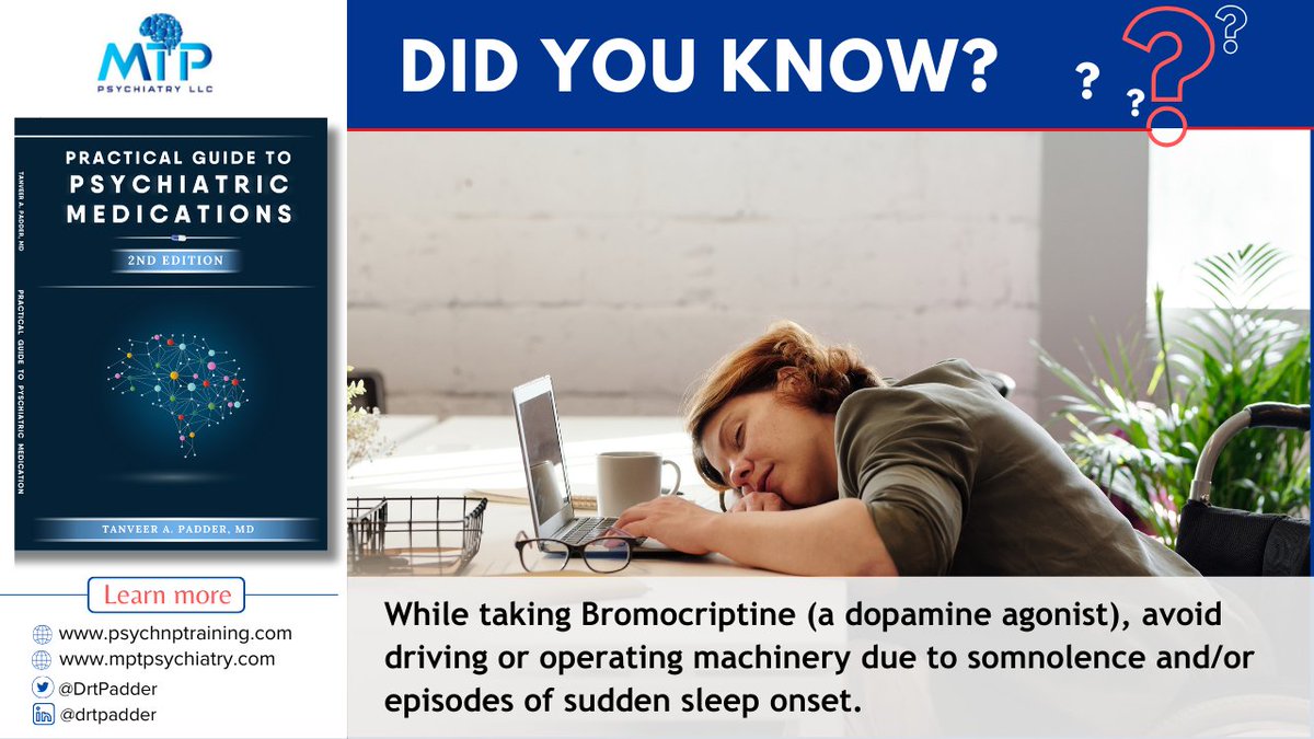 DrtPadder's tweet photo. Bromocriptine, a dopamine agonist, may cause drowsiness or sudden sleep episodes. Avoid driving or operating heavy machinery while on this medication.
More 👉 https://t.co/r4zyIVehMd
#PsychiatryEducation #MentalHealthMatters #MedicationSafety #DrPadder #Bromocriptine https://t.co/SXr0wOKsut