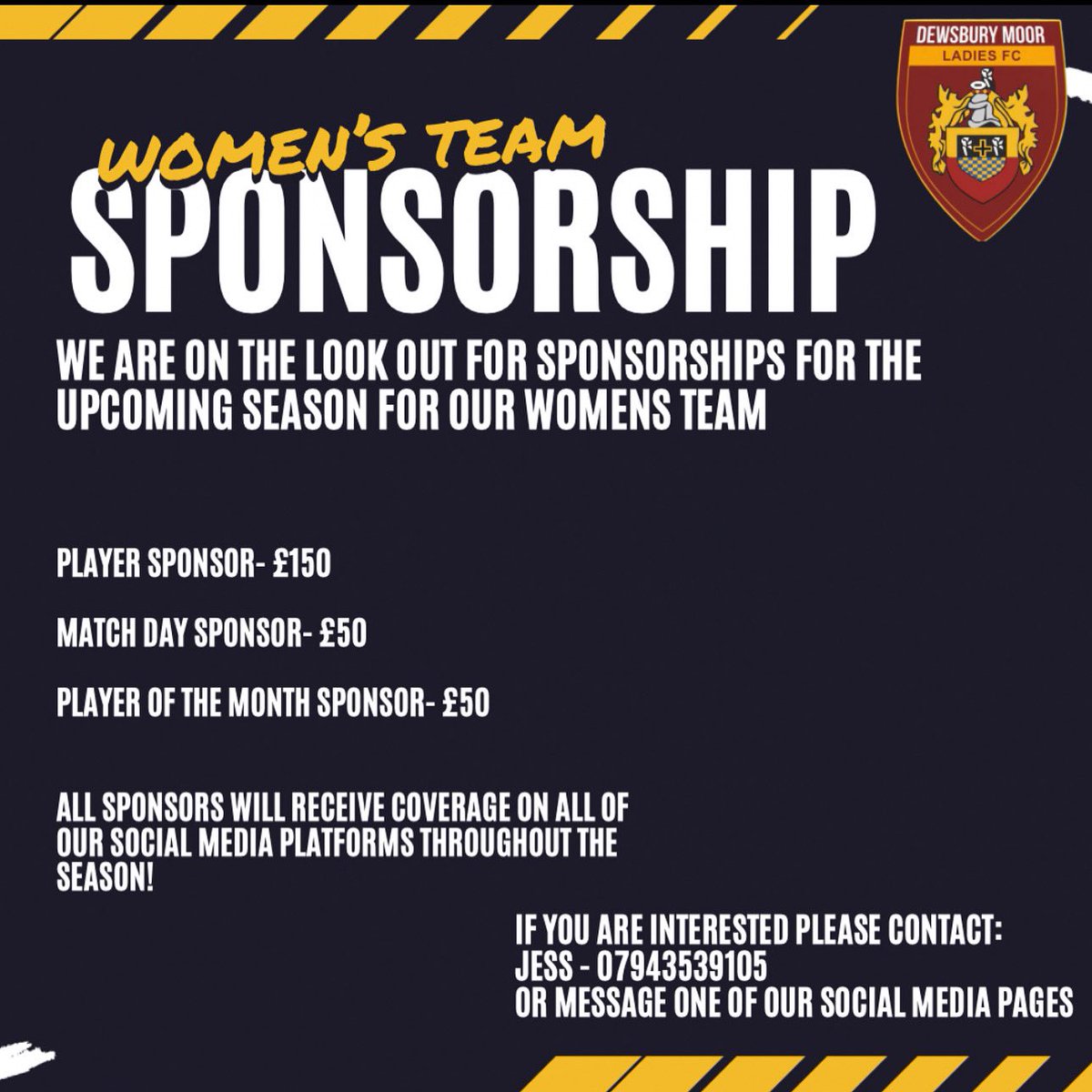 Our Ladies Team are on the look our for sponsors for the 2025/26 season. These range from £50 to £150.

All sponsors will receive weekly coverage on all of our social media platforms throughout the season. 

If you are interested please get in contact ⚽️