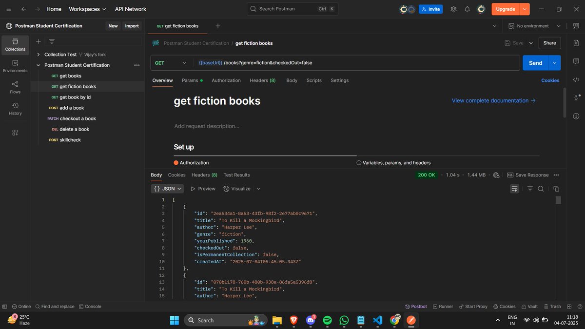 2210_vj's tweet photo. Learning about APIs with @Aanchalmishra__ and @getpostman at GGSOC'25 #PostmanStudentCurrent Topic: Multiple Query Parameters. In this task, As a librarian, our task is to get fiction books, and checkout=false
@ialimustufa #PostmanStudent @getpostman @girlscriptsoc https://t.co/12Lfw6KIga