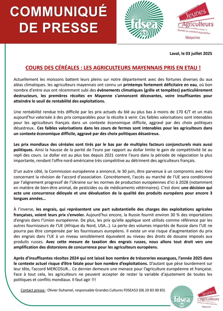 [#Presse] Les cours des céréales sont au plus bas 📉, les prix d'intrants augmentent 📈... Les producteurs sont pris en étau ! <a href="/AGPB_Cerealiers/">AGPB-Les Nouveaux Céréaliers</a> <a href="/AGPM_mais/">AGPM</a> <a href="/FopProducteurs/">FOP</a> <a href="/intercereales/">Intercereales</a> <a href="/FNSEA/">La FNSEA</a> <a href="/JeunesAgri/">Jeunes Agriculteurs</a>