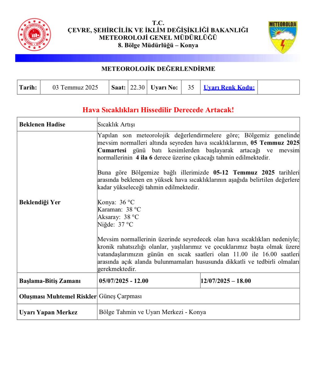 Meteorolojik Değerlendirme 

Hava Sıcaklıkları Hissedilir Derecede Artacak❗️

Yapılan son meteorolojik değerlendirmelere göre; Cumartesi gününden itibaren hava sıcaklıklarının  mevsim normallerinin 4 ila 6 derece üzerine çıkması tahmin edilmektedir.  

Mevsim normallerinin