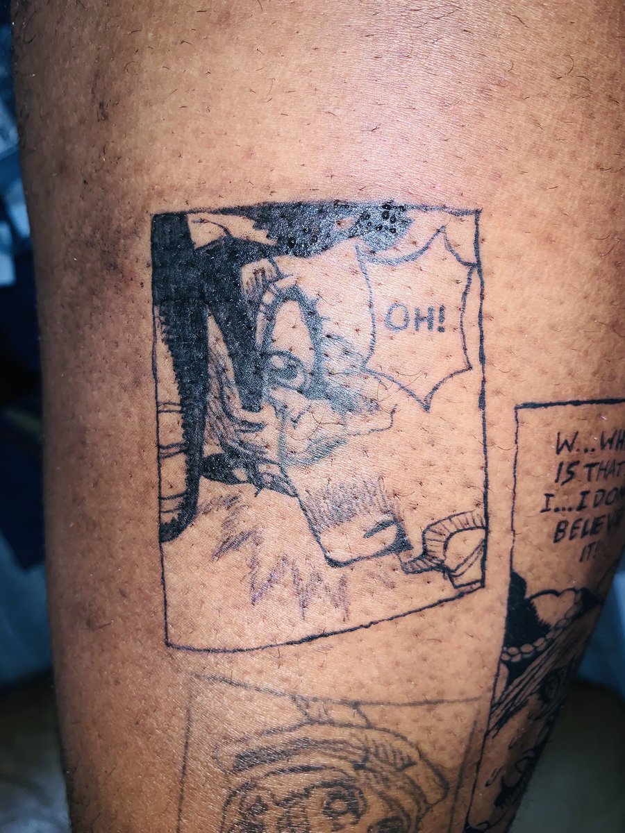 EvilSiggy's tweet photo. Another jojo panel tattoo I’ve done on myself, this time of my favorite boy Part 4 Josuke
I used it to cover up a hen stick and poke I had in the same spot https://t.co/Bjk7ErXk81