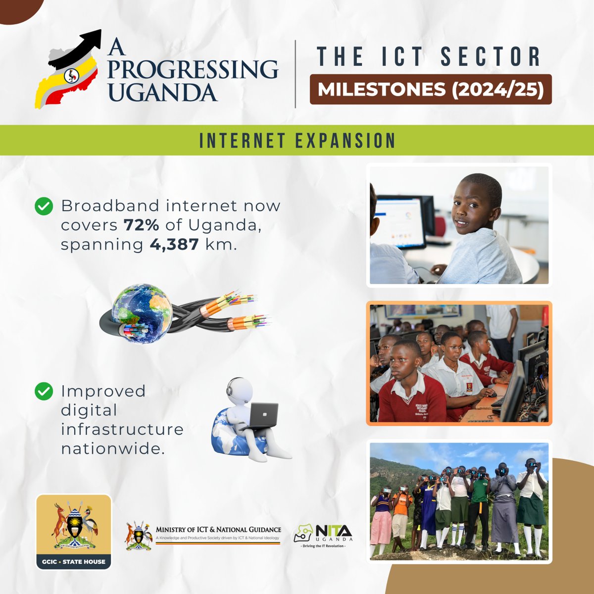 GCIC_Tech's tweet image. Did you know internet expansion now covers 72% of Uganda with 4,387 km of broadband, driving digital access across the nation?

#AprogressingUganda
#DigitizeUg