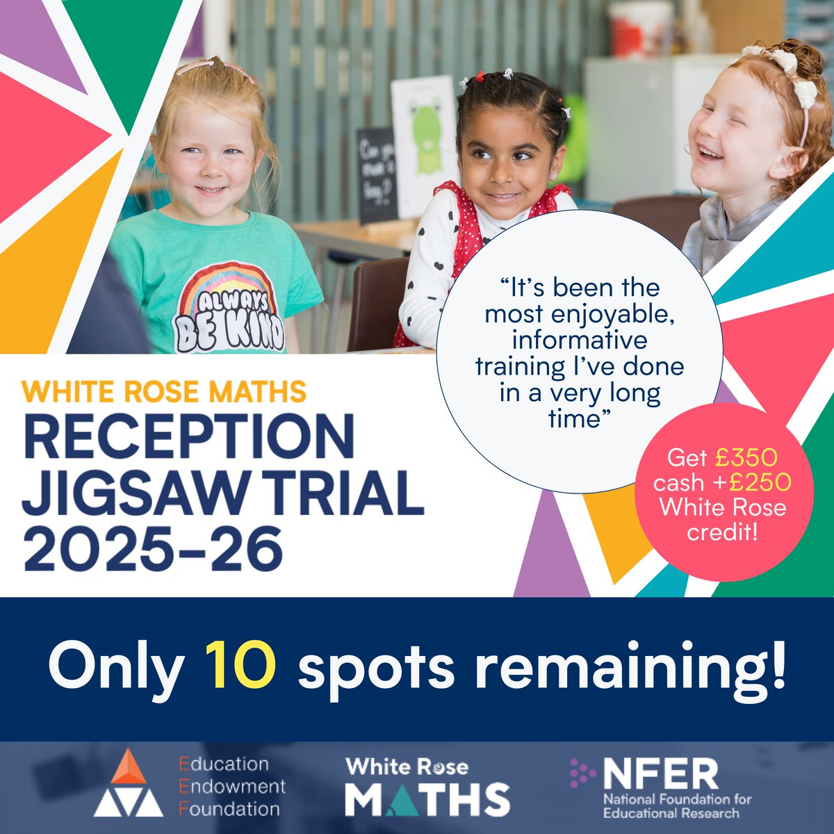 WhiteRoseEd's tweet image. Only 10 spots left for our Reception Jigsaw trial kicking off in September! 🚨
Your last chance to be part of a groundbreaking trial to improve maths outcomes of your new early years cohort ⭐️
Sign up here and secure your spot: eu1.hubs.ly/H0ltR0p0