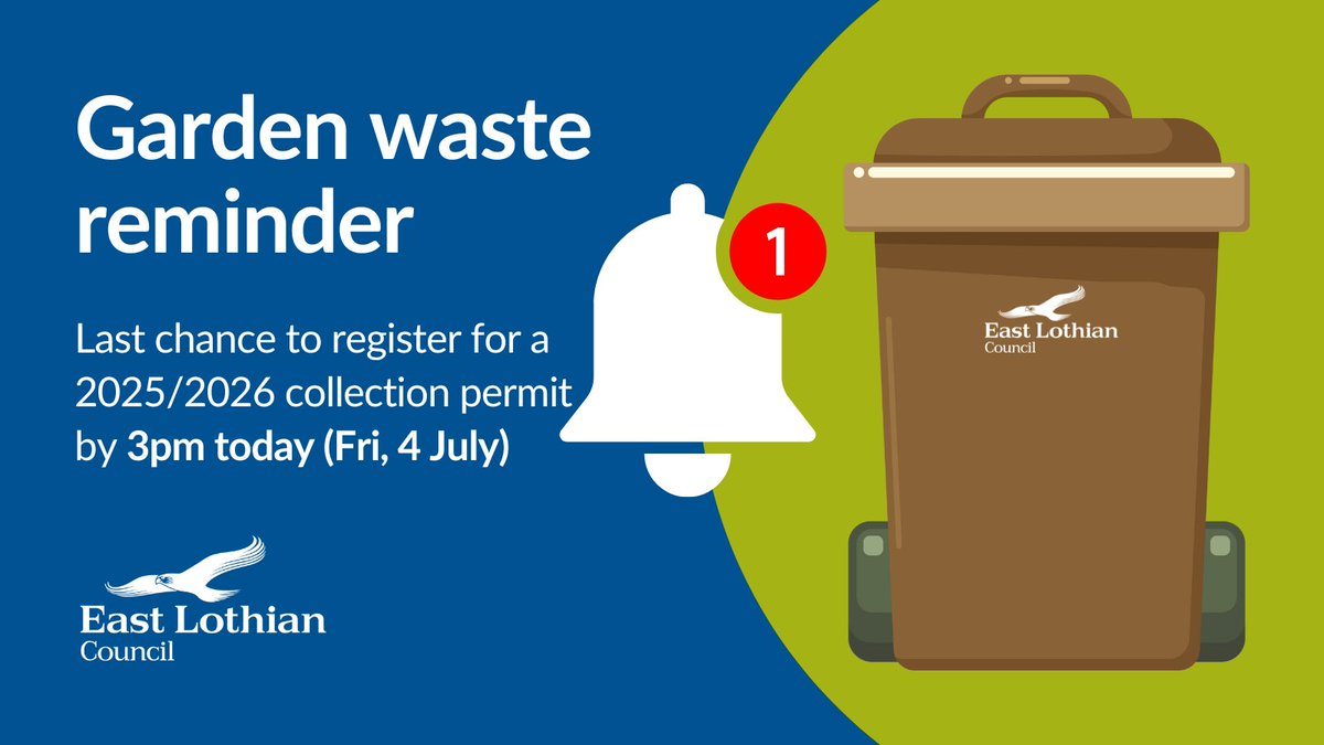 Residents have until 3pm today (Friday, 4 July) to register for a 2025/2026 garden waste collection permit with no second sign-up window available. Applications can be made using a myeastlothian account on our website with a permit costing £35. More info: eastlothian.gov.uk/news/article/1….