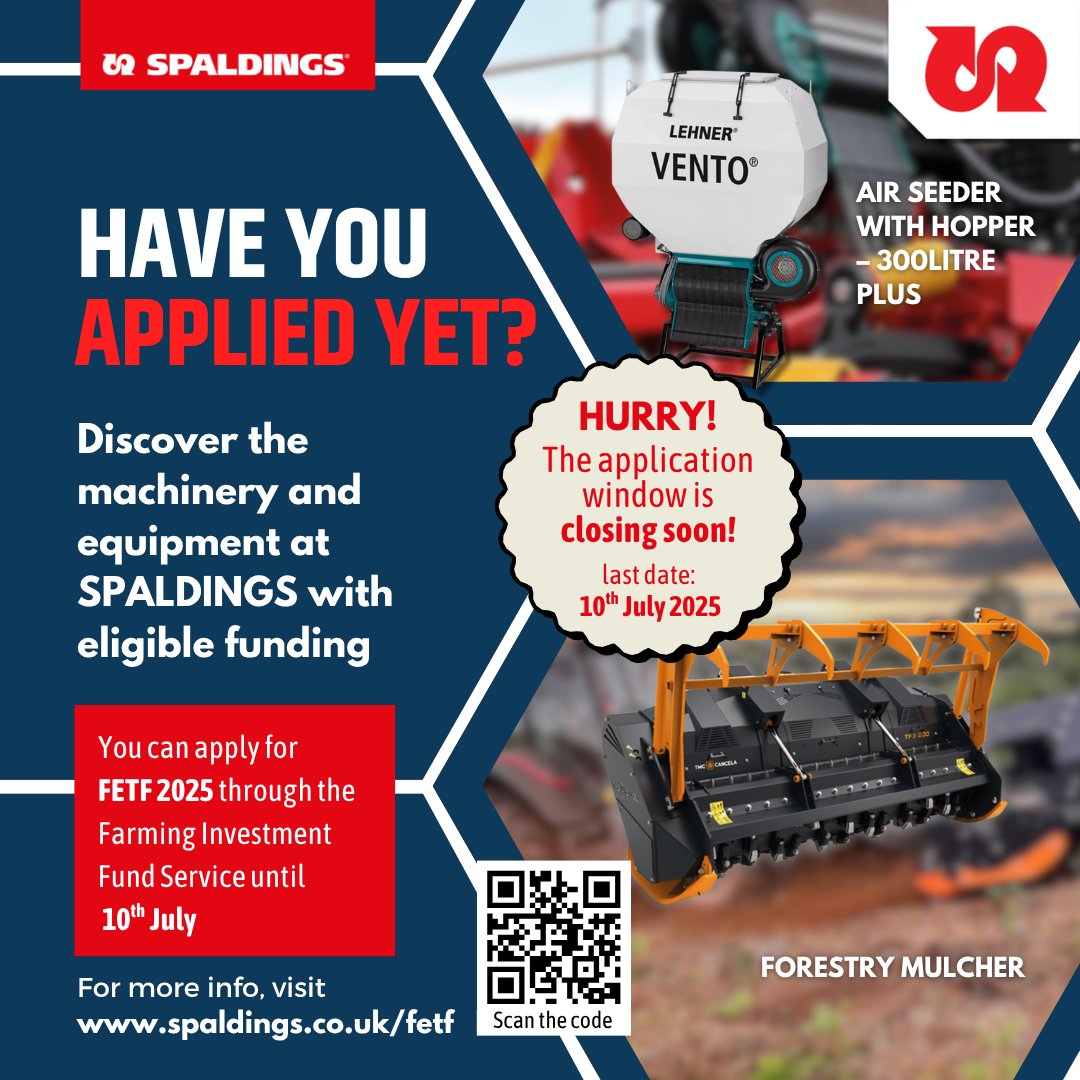 Spaldings's tweet image. 🚨 FETF25 Grant Deadline: 10 July! 🚨
Gov funding available to upgrade your farm via the Farming Equipment &amp;amp; Technology Fund 2025.
✅ Spaldings has identified eligible items from our range.
🛠️ Browse: spaldings.co.uk/fetf
🔗 Apply: gov.uk/fetf-2025
⏳ Don’t miss out!
