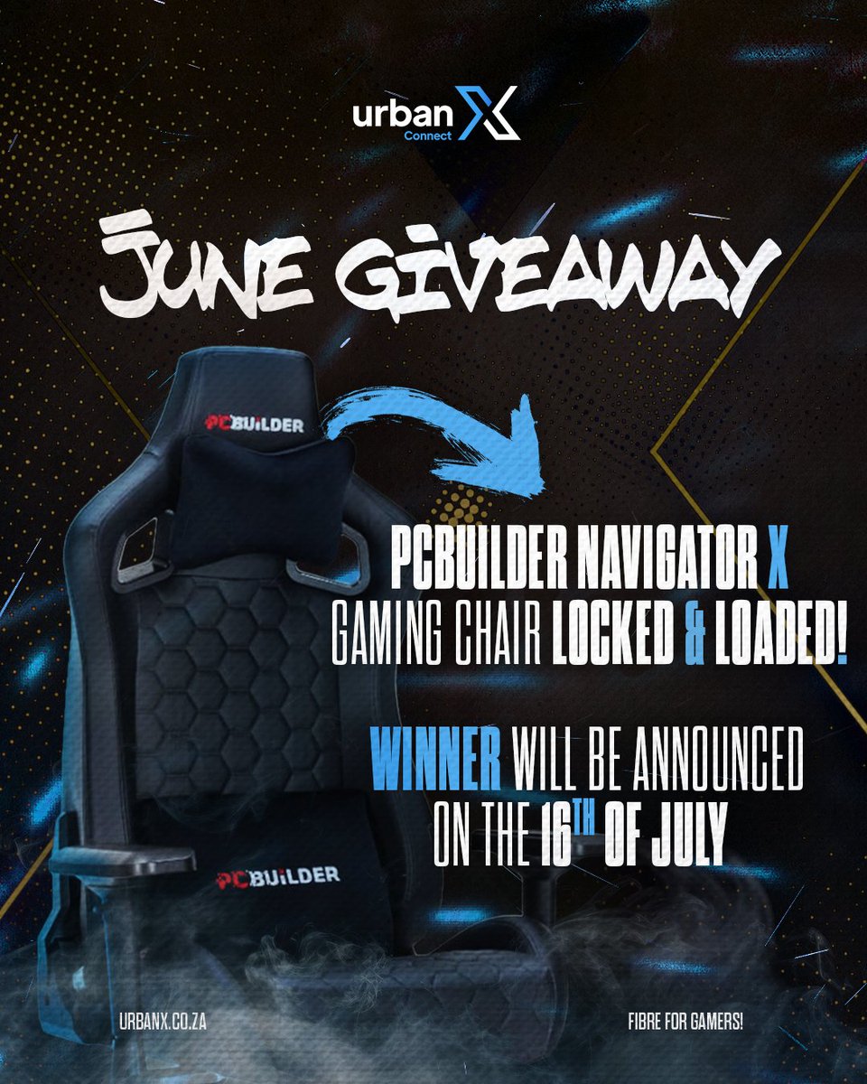 Junes Giveaway is Locked &amp; Loaded!💺

The winner of the PCBuilder Navigator X Gaming Chair will be announced on 16 July 🎮

Stay tuned and good luck! 💙

#UrbanX #Giveaway #GamingChair #FibreForGamers