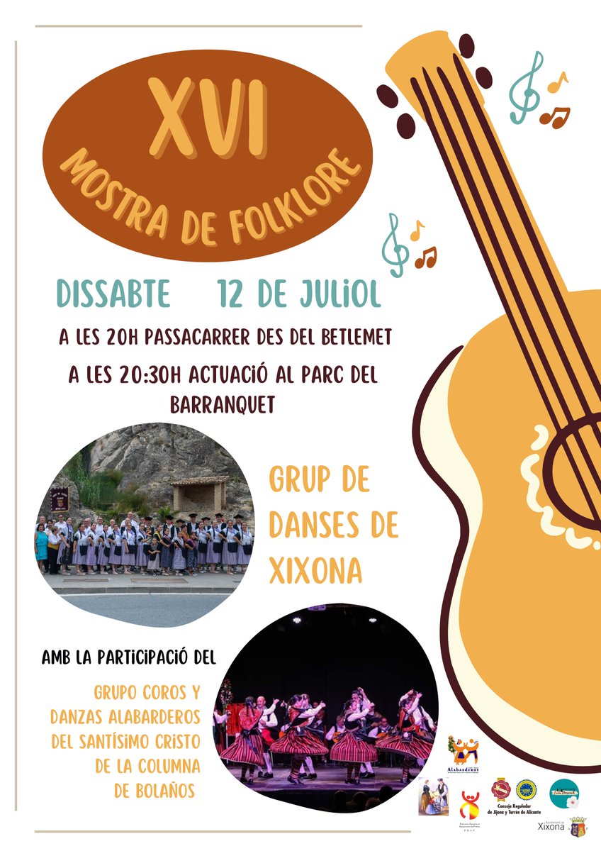 El próximo sábado 12 de julio, Xixona se llenará de música, color y raíces con una nueva edición de la XVI Mostra de Folklore, una cita que celebra lo más auténtico de nuestra cultura popular.
🕣 A las 20:30 h, en el Parc del Barranquet.
¡Os esperamos!

#turrodejijona #IGPJijona