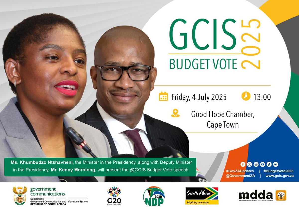 Minister in the Presidency, Ms. Khumbudzo Ntshavheni supported by Deputy Minister Mr. Kenny Morolong, will present the 2025 Budget Vote for the Government Communication and Information System today. 

The Budget Vote will outline how the GCIS will spearhead bold and decisive