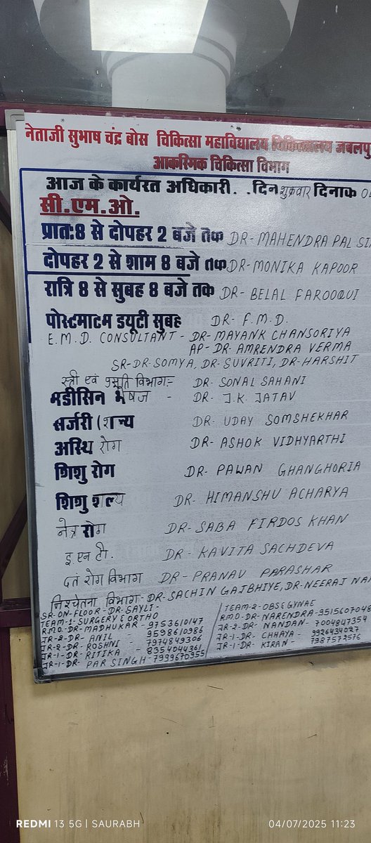 SaurTer's tweet photo. @DrMohanYadav51 @JansamparkMP @CMMadhyaPradesh @INCMP @BJP4MP @News18MP @DainikBhaskar NONE OF THESE DOCTORS AT Medical College Jabalpur ARE AVAILABLE FOR CASUALTY EVEN FOR AN ACCIDENT CASE. WE ARE BEING TOLD TO GO TO OPD FOR CHECKUP! Time 11 AM Today. https://t.co/LVqBSnlHaA