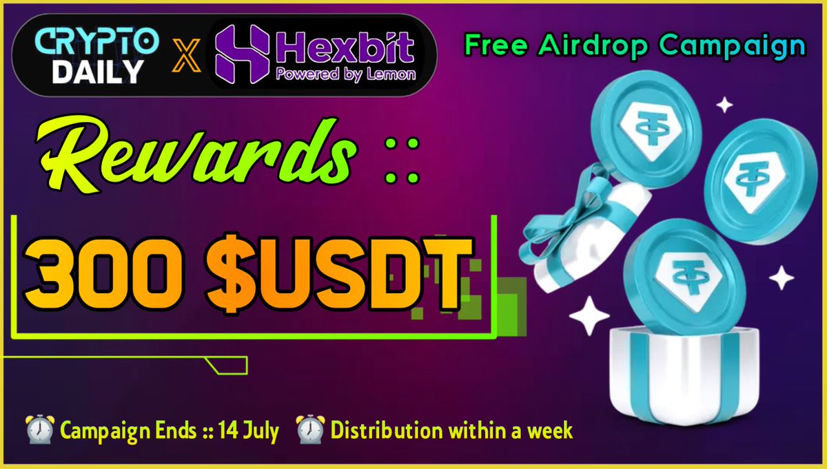 🔥 Hexbit X Crypto Daily #Airdrop
🏆 Rewards »» 300 $USDT

✅ Follow <a href="/hexbitcom/">Hexbit</a>
✅ Like, RT and tag 3 Frens
✅ Complete #Gleam👇
gleam.io/iDAzn/-hexbit-…

⌚ Event Ends 14 July
⌚ Distribution within a week

#Airdrop #Giveaway #Bitcoin #Binance    #Alts $BTC