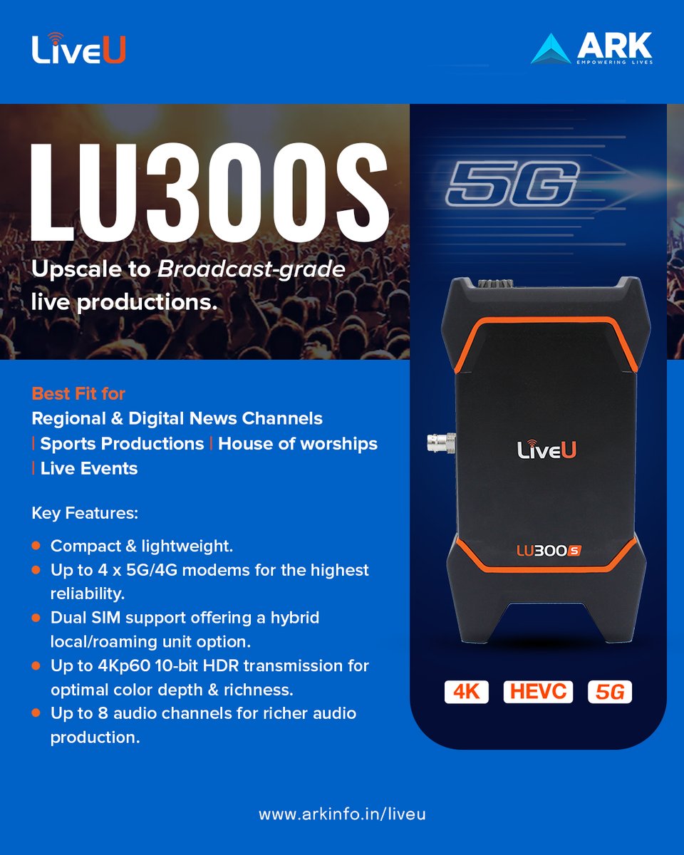arkinfosolutions (@arkinfosolution) on Twitter photo Small in size, big on performance! The LiveU LU300S is compact, rugged, and reliable—your ultimate 5G-ready, 4K HDR live streaming companion.
To learn more visit arkinfo.in/liveu or write to liveu@arkinfo.in
#LiveU #LU300S #LiveStreaming #LiveStreamingSolutions #Live Small in size, big on performance! The LiveU LU300S is compact, rugged, and reliable—your ultimate 5G-ready, 4K HDR live streaming companion.
To learn more visit arkinfo.in/liveu or write to liveu@arkinfo.in
#LiveU #LU300S #LiveStreaming #LiveStreamingSolutions #Live