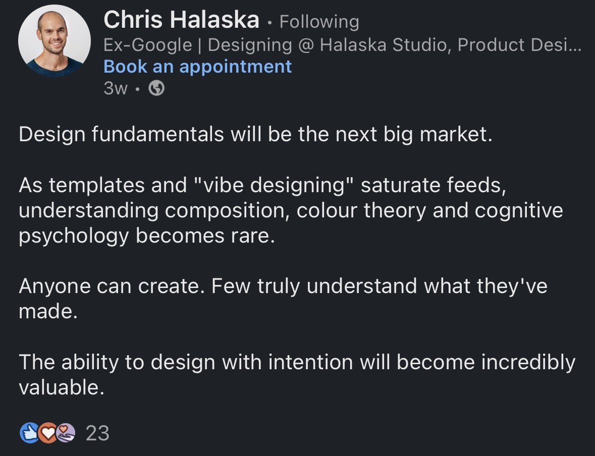 This is exactly what I pointed out at yesterday's tech meetup. 🎯

Vibe-coding tools like Lovable / Bolt gave power to non-designers to kickstart their MVPs &amp; iterate fast.

But there's a hidden cost: every app and website is starting to look the same - generic, flat, boring,