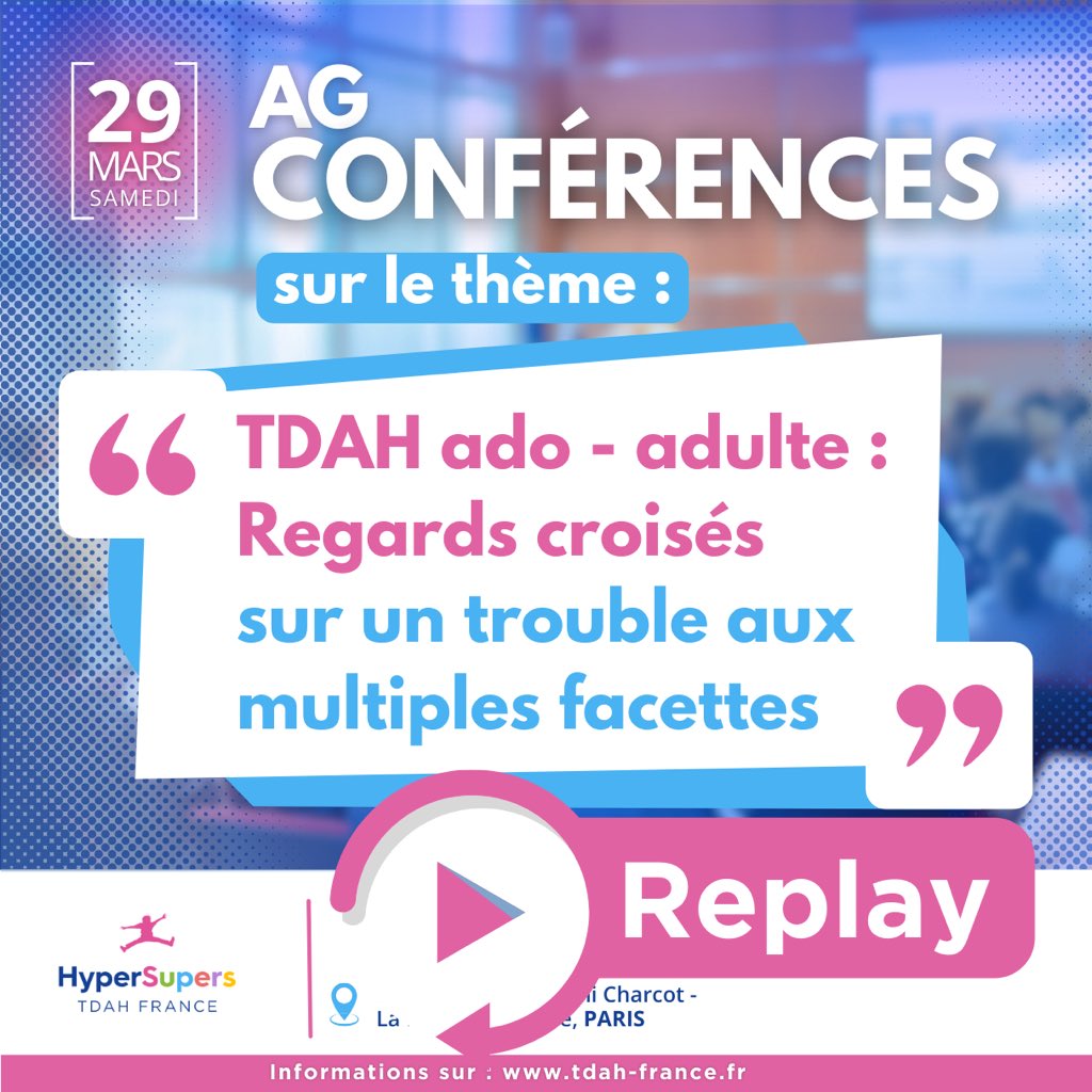 #AG 2025 #replay
👉 Le Replay vidéo des #conférences de notre dernière AG est en ligne.
📍 "TDAH ado - adulte : Regards croisés sur un trouble aux multiples facettes". 
👉Pour accéder au replay, RdV dans votre espace Adhérent.
tdah-france.fr/Le-Replay-vide…