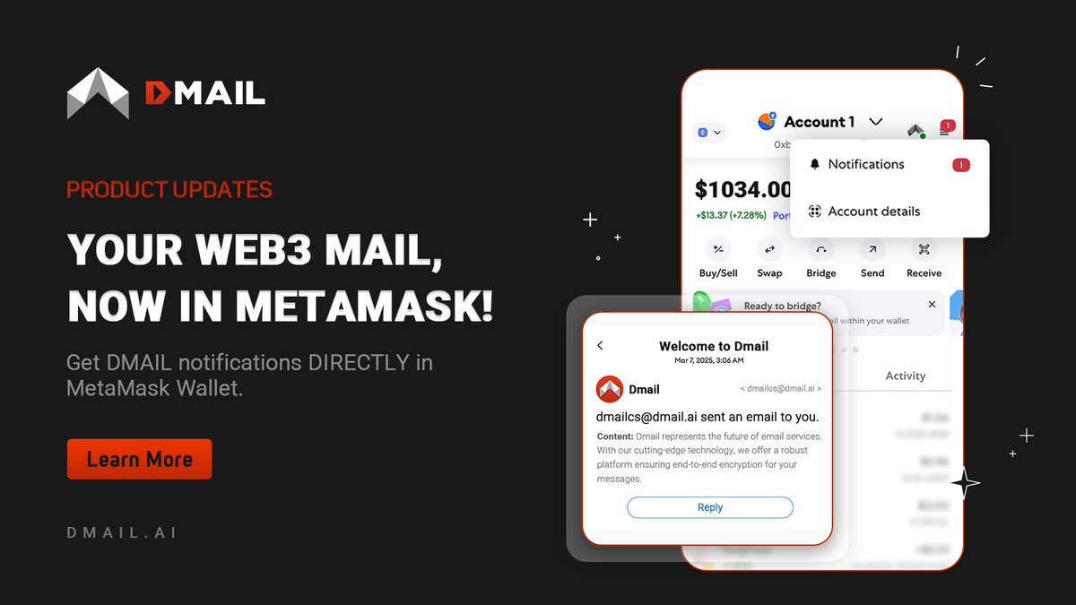 Dmailofficial's tweet image. 🚀 Your Web3 Mail, Now in MetaMask!

📢 Huge update: @Dmailofficial has now integrated with @MetaMask Snap.

📬 Instantly access your Dmail messages inside your MetaMask wallet — never miss important emails or Web3 notifications again.

✨ Dmail already supports:
✅ Gmail,…
