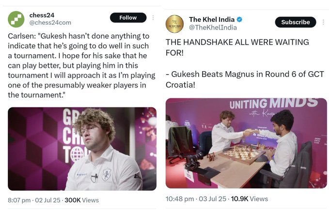 Magnus Carlsen: I will approach Gukesh like I’m playing a weaker player.

Within next 24 Hours.

Gukesh beats Magnus 🔥

First &amp; foremost basic rule of life &amp; Sport “Never ever consider your opponent weak”.