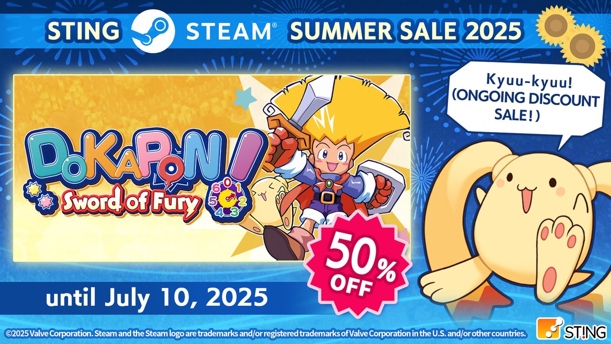 Sting_ipr's tweet image. 🔥 DOKAPON! Sword of Fury (Steam version)
is now 50% OFF in the Summer Sale! 🔥
Don’t miss this great deal!
Check out the exciting new features added in Version 1.1.0 too!
▼ Steam Store:
 store.steampowered.com/app/3077020

▼ More titles on sale:
 store.steampowered.com/developer/stin…

#SteamSummerSale…