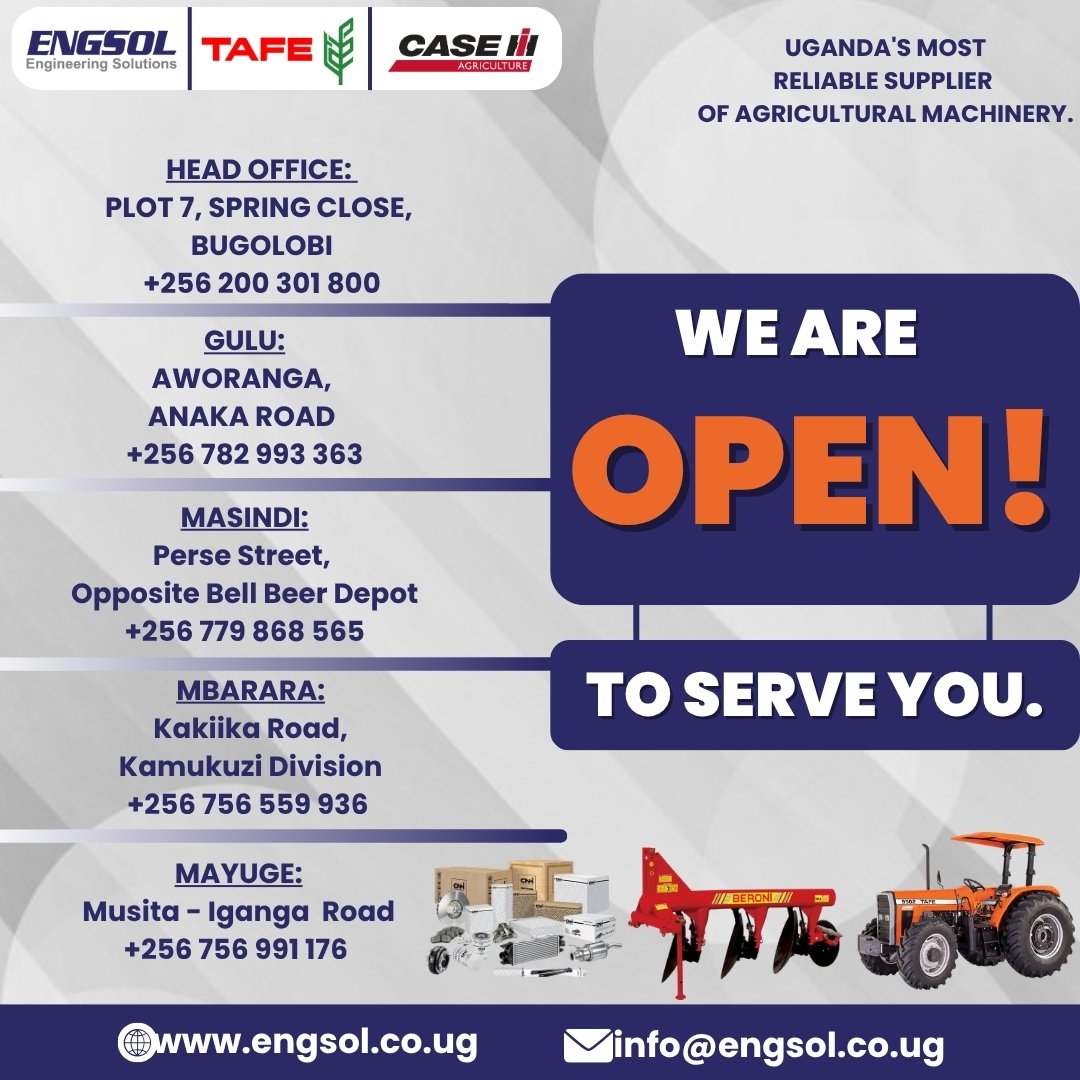 Engineering Solutions (U) Limited (@engsol_ug) on Twitter photo Are you looking for durable affordable tractors, Genuine spare parts, and reliable aftersales support?
๐๐ ๐๐ซ๐ ๐ก๐๐ซ๐ ๐ญ๐จ ๐ฌ๐๐ซ๐ฏ๐ ๐ฒ๐จ๐ฎ.
๐Call us today or Visit ๐ engsol.co.ug
๐ ๐๐ฎ๐ ๐จ๐ฅ๐จ๐๐ข | ๐๐ฎ๐ฅ๐ฎ | ๐๐๐ฌ๐ข๐ง๐๐ข | ๐๐๐๐ซ๐๐ซ๐ | Are you looking for durable affordable tractors, Genuine spare parts, and reliable aftersales support?
๐๐ ๐๐ซ๐ ๐ก๐๐ซ๐ ๐ญ๐จ ๐ฌ๐๐ซ๐ฏ๐ ๐ฒ๐จ๐ฎ.
๐Call us today or Visit ๐ engsol.co.ug
๐ ๐๐ฎ๐ ๐จ๐ฅ๐จ๐๐ข | ๐๐ฎ๐ฅ๐ฎ | ๐๐๐ฌ๐ข๐ง๐๐ข | ๐๐๐๐ซ๐๐ซ๐ |