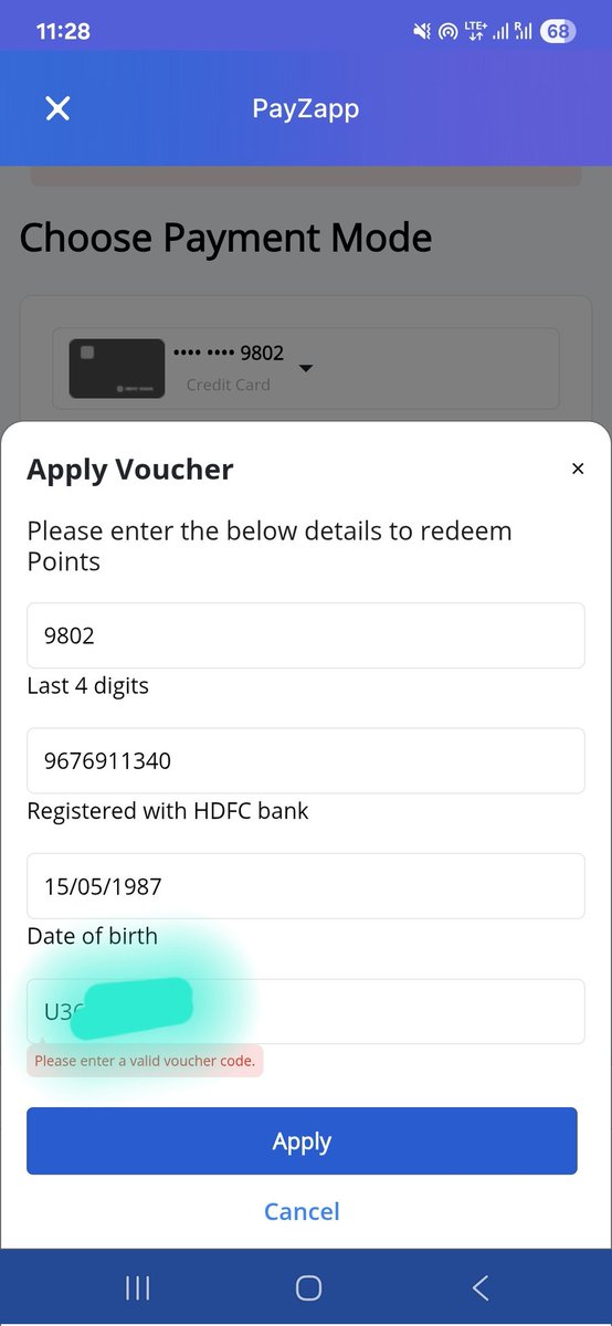 Bishal Goyal (@ommbishal) on Twitter photo Hey <a href="/HDFCBank_Cares/">HDFC Bank Cares</a> I am booking flight from smartbuy by using payzaap app and while applying voucher code getting the error invalid. See the screenshot. Plz help Hey <a href="/HDFCBank_Cares/">HDFC Bank Cares</a> I am booking flight from smartbuy by using payzaap app and while applying voucher code getting the error invalid. See the screenshot. Plz help