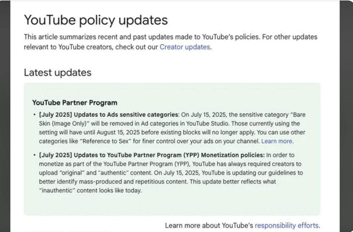 NiyatiThole's tweet image. YouTube is cracking down on mass-produced AI content new rules hit July 15
Spotted this in the official policy update.
Creators must upload content that is original & authentic.
If you use AI scripts, auto shorts, cloned voices, AI avatars it will be flagged as inauthentic.