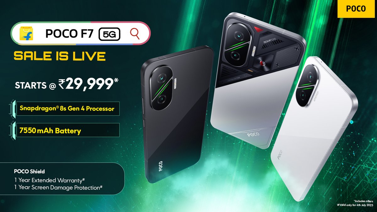 IndiaPOCO's tweet image. 🚨 IT’S HAPPENING — SALE IS LIVE! 💥
The #POCOF75G is back on @Flipkart
💸 Starting at ₹29,999*
🛡️ POCO Shield is BACK for ONE. LAST. TIME.
✅ 1 Yr Extended Warranty
✅ 1 Yr Screen Protection
Know More👉dl.flipkart.com/s/jd9euPuuuN
#AllPowerNoBS #Flipkart